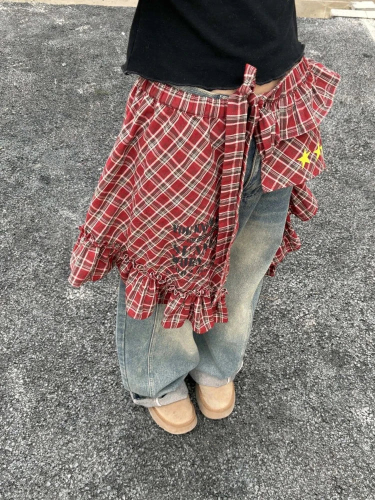 Aiertu  -  Y2k Aesthetic Plaid Irregular Ruffled Skirts Vintage Women Streetwear Letter Print Faldas Harajuku Grunge Casual Bandage Skirt Aiertu