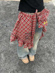 Aiertu  -  Y2k Aesthetic Plaid Irregular Ruffled Skirts Vintage Women Streetwear Letter Print Faldas Harajuku Grunge Casual Bandage Skirt Aiertu