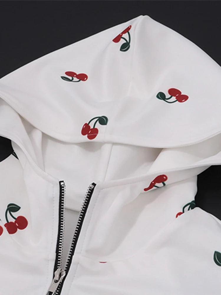 Aiertu  -  Cherry Printed Sweatshirt  Women Hooded Zipper Full Sleeve Thicken Lady Coats 2025 Spring Autumn Fashion Female Jacket Tops Aiertu