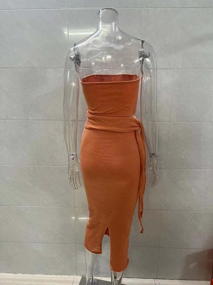 Aiertu  -  Y2K Women Wrap Hip Lace Up Knitwears Dress Fashion Knitted Strapless Dress Cut Out Bandage Bodycon Midi Slit Tube Top Dresses Aiertu