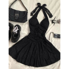 Aiertu  -  Vintage Black Mini Dress Women Party Sexy Halter Lace Dresses Korean Folds Backless Sundress Summer Bodycon Vestidos New Aiertu
