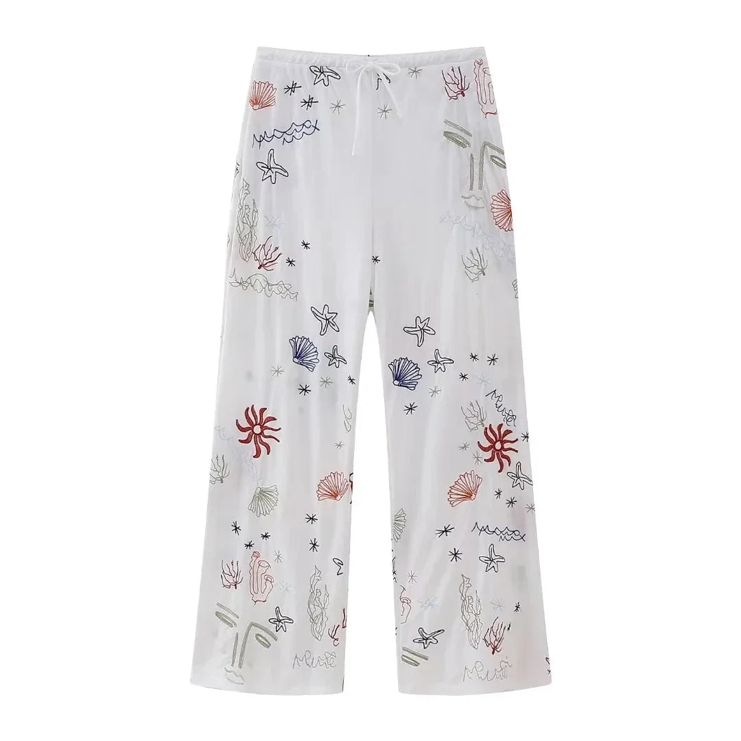 Aiertu  -  Autumn Embroidery Women Cotton Long Pants Drawstring Casual Wide Leg White Trousers 2026 Boho Marine Organism Pants Aiertu