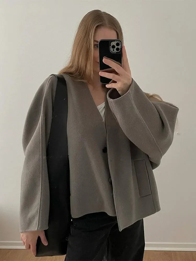 Aiertu  -  Chic Button Pockets V Neck Crop Jacket For Women Casual Solid Long Sleeves Short Coat 2026 New Autumn Lady Office Outerwear Aiertu