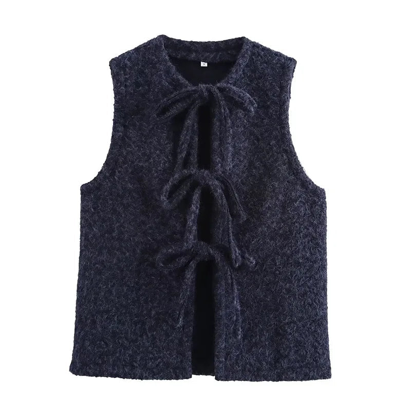 Aiertu  -  Bow Tied Vests Women Round Neck Short Casual Sleeveless Vest Jacket Woman Waistcoat Streetwear New Women Outerwear 2025 Spring Aiertu