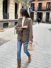 Aiertu  -  Casual Tassels Patchwork Long Sleeves Blazer Women Lapel Single Breasted Buckle Slim Jacket 2026 New Female Commute Outwear Aiertu