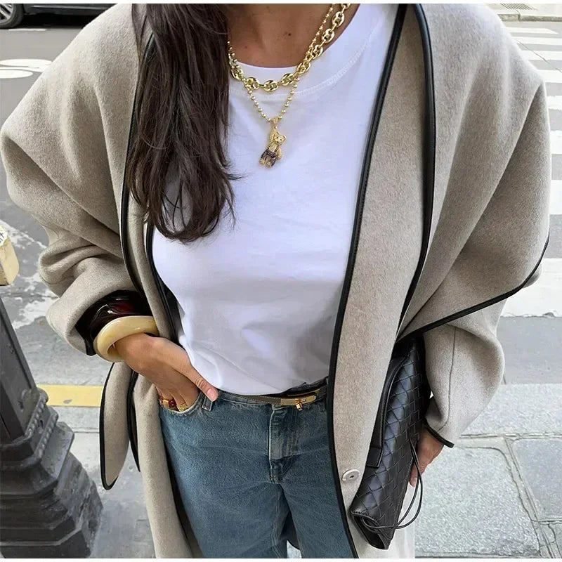 Aiertu     -  Fall Outfits 2026 Elegant Patchwork Woolen Coats Women Loose Lapel Long Sleeve Contrast Windbreak Overcoat 2026 Autumn Winter New Lady Top Outwear Aiertu