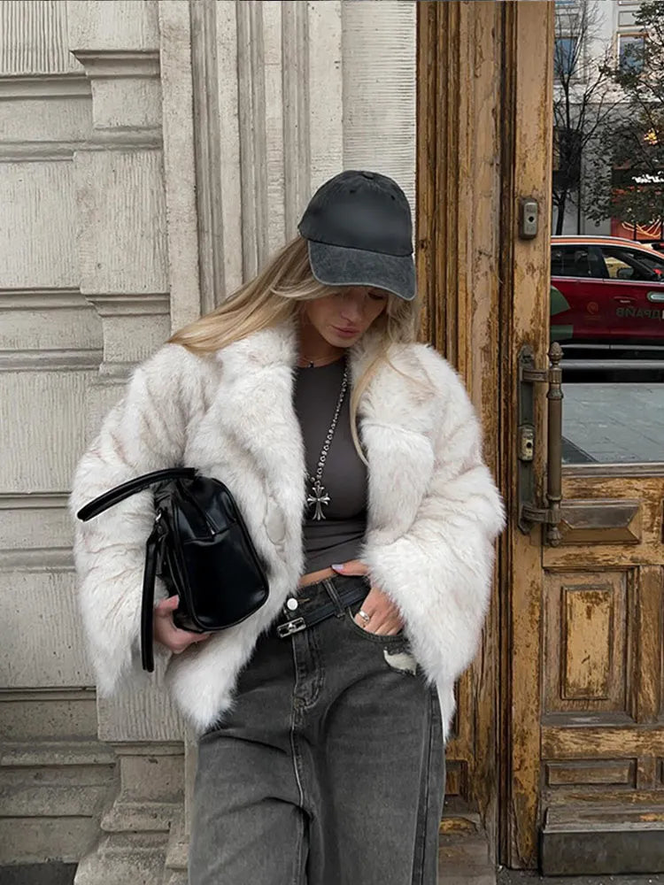 Aiertu  -  Women Fluffy Faux Fur Thick Coat 2026 Elegant Lapel Long Sleeves Short Overcoats Autumn Winter Chic Lady Street Warm Outerwear Aiertu