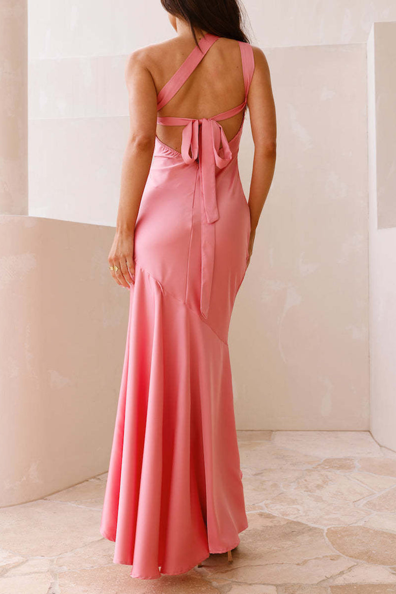 Aiertu  Elegant Ruffle Sloping Shoulder Long Dresses Aiertu