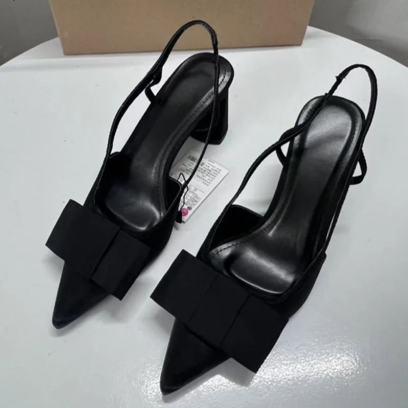 Aiertu  -  Pointed Toe Women's Office Shoes 2025 Spring Black Retro Bow Decoration High Heels Shallow Slingbacks Elegant Ladies Pumps Aiertu
