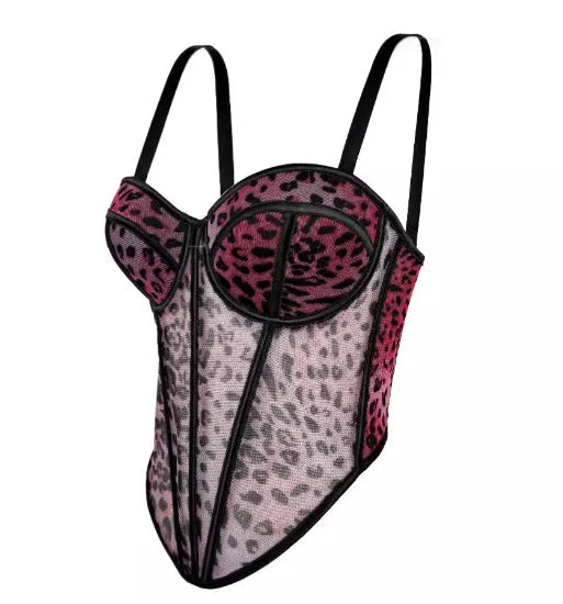 Aiertu  -  Women's Leopard Print Shapewear Splicing Camisole Top Mesh Lace Fishbone Bustier Inner and Outerwear Corset Top Lingerie Aiertu