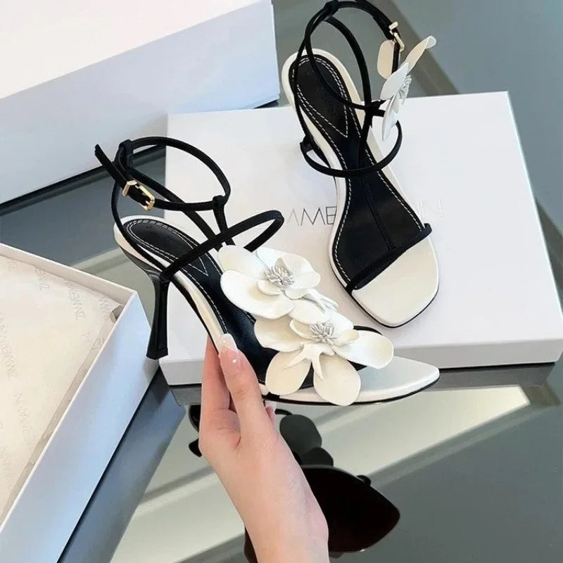 Aiertu  -  Women's Summer New Fashion Floral Designer Sexy Open Toe Stilettos PU Leather Elegant Slip On Party Dress Ladies Sandals Aiertu