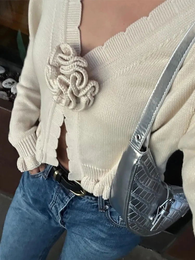 Aiertu  -  Knitted 3D Flower Cardigans Women Slim V-neck Ruffles Hem Lantern Sleeve Short Female Sweaters Autumn Fashion Lady Outwear Aiertu