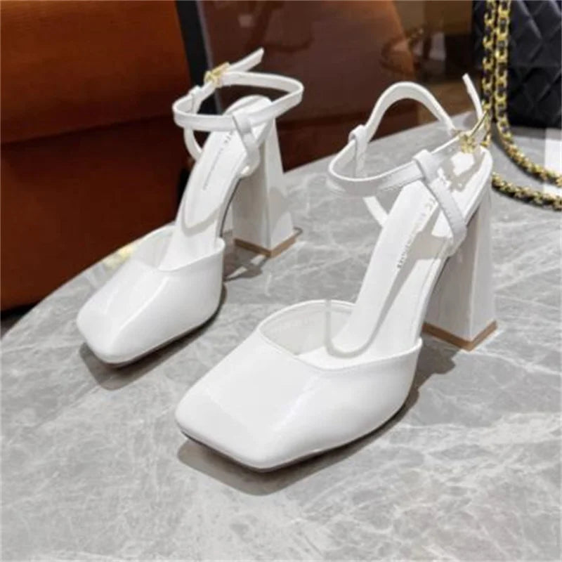 Aiertu  -  Rhinestone Shoes for Womens Square Toes Chunky High Heels Buckle Ladies Patent Leather Solid Tacones Ankle Strap Chassure Femme Aiertu