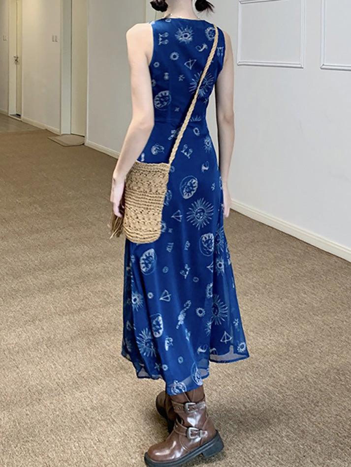 Aiertu  -Vintage Print Lace Mesh V-Neck Maxi Dress aiertu