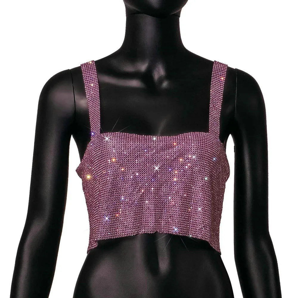 Aiertu  -  Metal Mesh Rhinestone Sleeveless Tank Top Women Back Hollow Chain Crop Tops Hot Girl Beach Sexy Club Party Vest Femme Aiertu