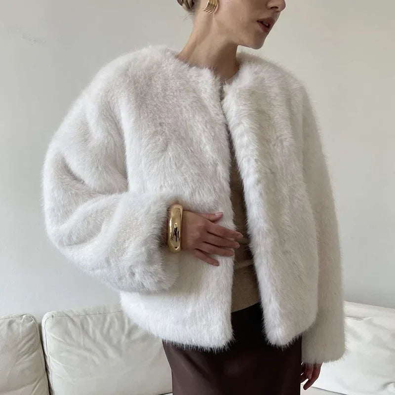 Aiertu  -  Elegant Faux Fur Solid Women Coat O Neck Loose Full Sleeve Female Jacket 2024 Fashion Autumn Winter Warm Thicken Lady Outwear Aiertu