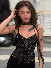 Aiertu  -  2026 Summer Bandage Halter Neck Ruffles Camisoles Black Streetwear Woman Clothing Corset Dot Printed Backless Lace-up Crop Tops Aiertu
