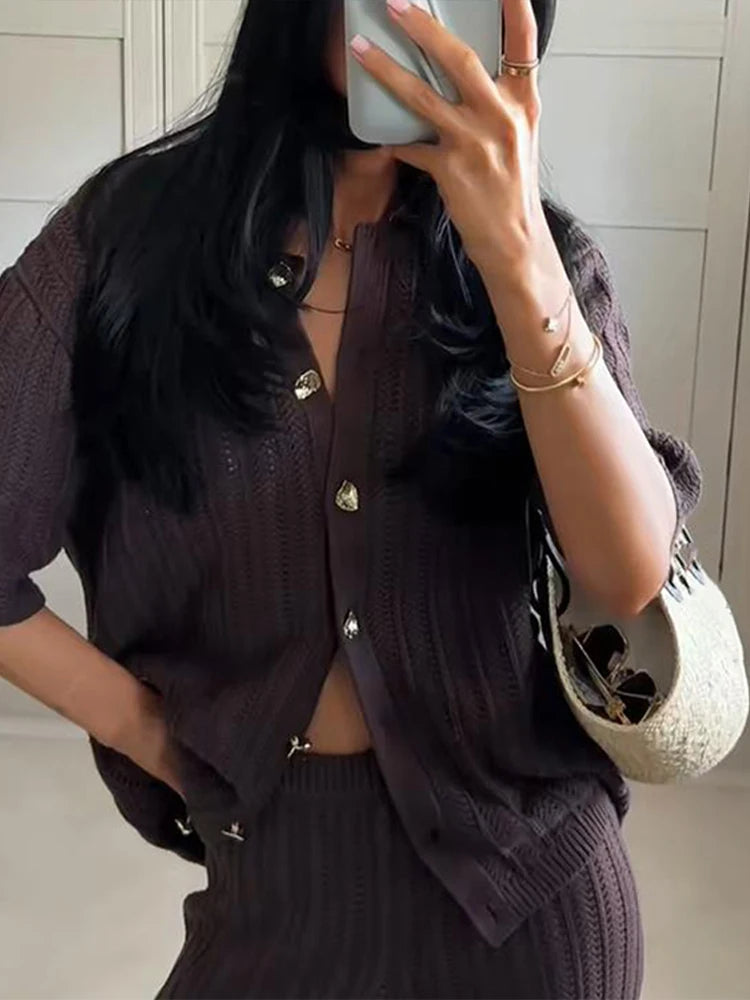 Aiertu  -  Casual Knit Pants Outfits Women Loose Lapel Single Breasted Short Sleeves Hollow Out Suits Female 2026 Spring Summer Solid Sets Aiertu