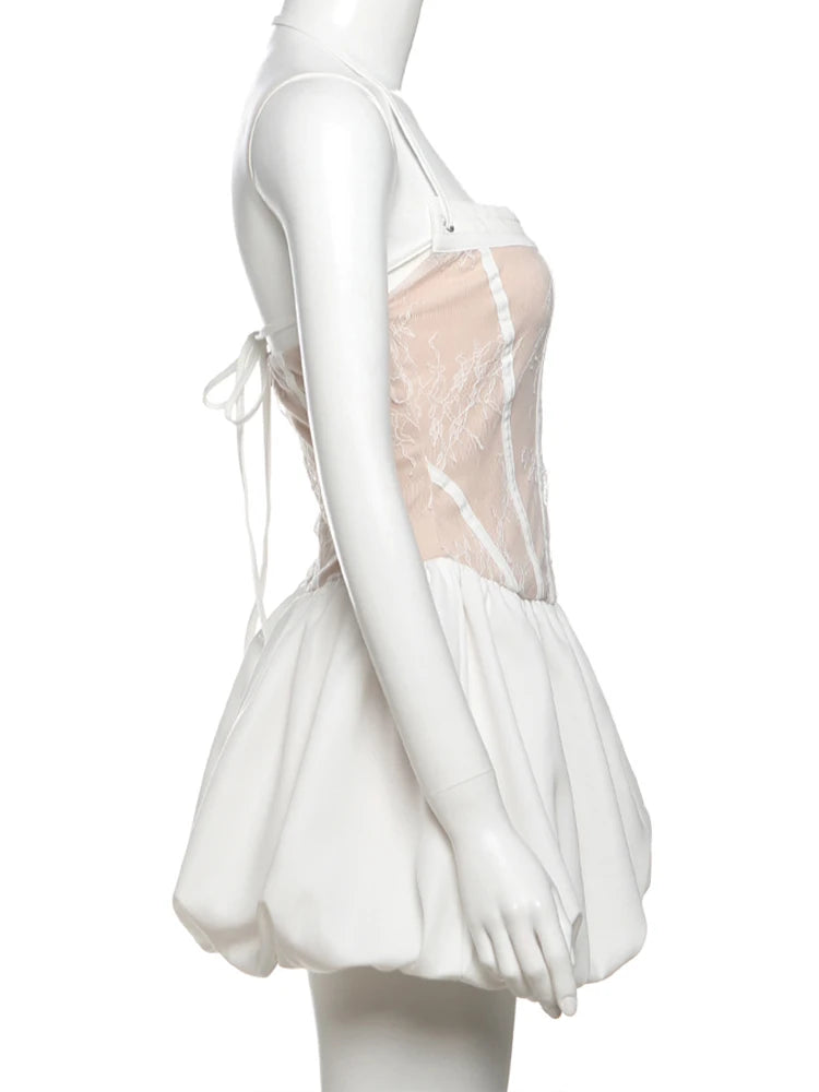Aiertu  -  See Through Woman Dress Fishbone Patchwork Halter Sleeveless Skinny Backless 2025 Summer Funky Trend Fluffy Mini Bodycon Aiertu