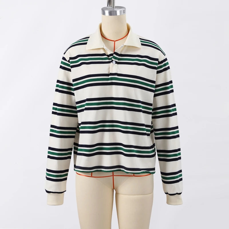 Aiertu  -  Vintage Stripe Basic Women's T-shirt Casual Long Sleeve Female All Match Polo Shirt Spring New Ladies Loose Tops High Street Aiertu