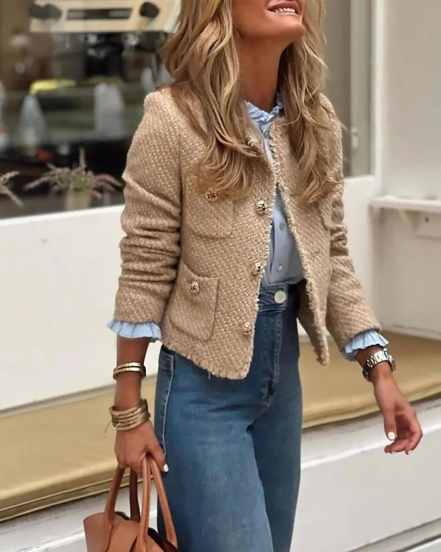 Aiertu  -  French high-end gold single-breasted small fragrant style jacket for women, spring and autumn fashion, versatile bright silk tex Aiertu