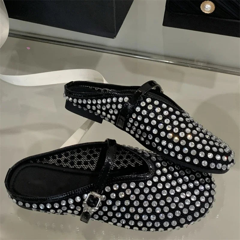 Aiertu  -   Fashion Design Crystal Rhinestone Round Toe Buckle Strap Mules Slippers Women Elegant Low Heels Casual Party Dress Shoes Aiertu