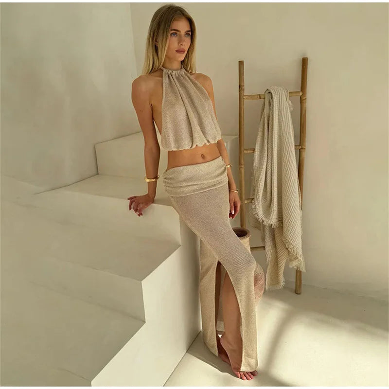 Aiertu  Women Skirts Suit Sexy See through Sleeveless Backless Halter Tank Top High Waist Hip Package Pleated Skirt Sets Lady Outfits Aiertu