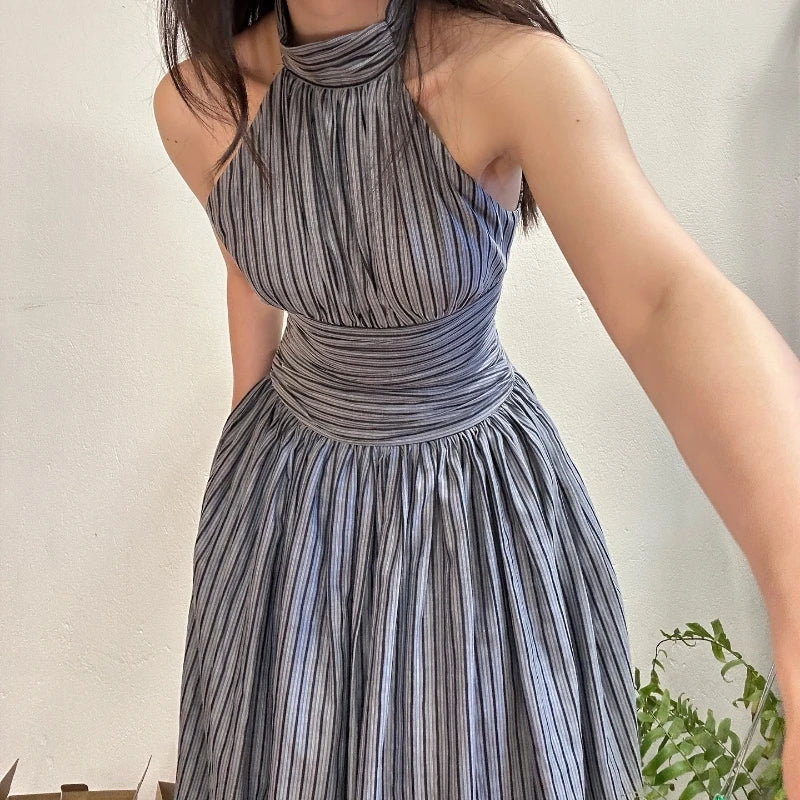 Aiertu  Stripe Halter Backless Pleated Fashion Elegant Casual Bodycon Midi Dress Spring Summer Fashion Party New Women Vestidos Aiertu