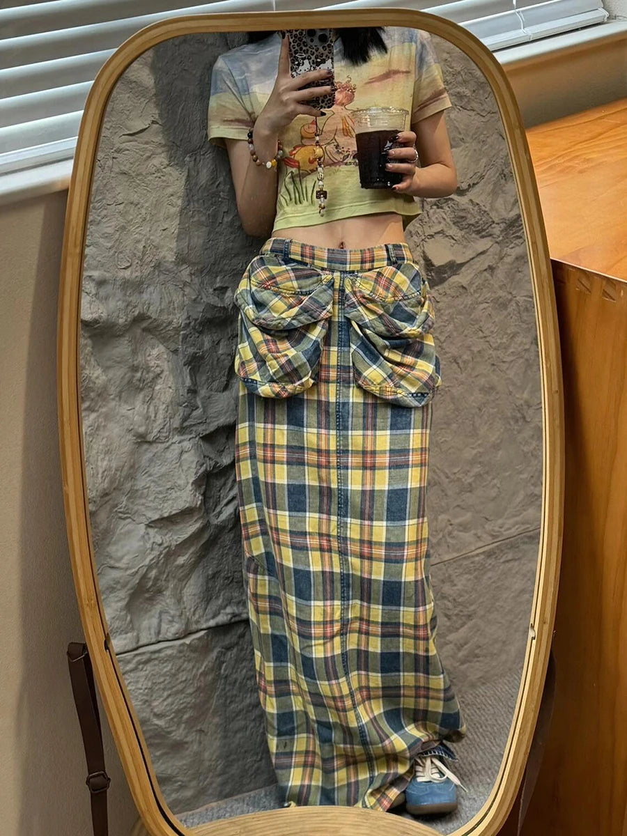 Aiertu  -  Tall Girl Checkered Maxi Long Skirt Women Contrast Straight Loose Big Pockets Cargo Skirt Casual Holiday Retro Clothes Aiertu