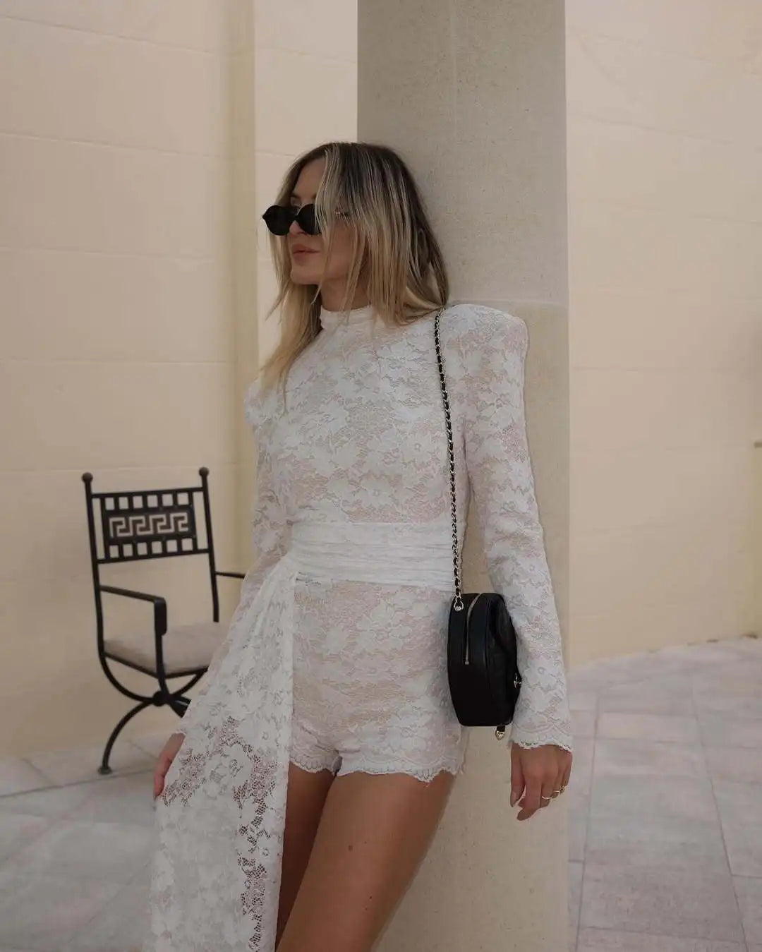Aiertu  -  Temperament Long Sleeved Lace Patchwork Playsuit Women Fashion Round Neck Lace Up Tight Jumpsuit Summer New Rompers 2026 Aiertu