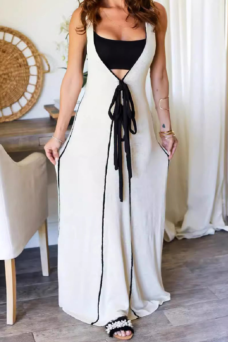 Aiertu  -  Casual Patchwork Belted V Neck Long Dresses Aiertu
