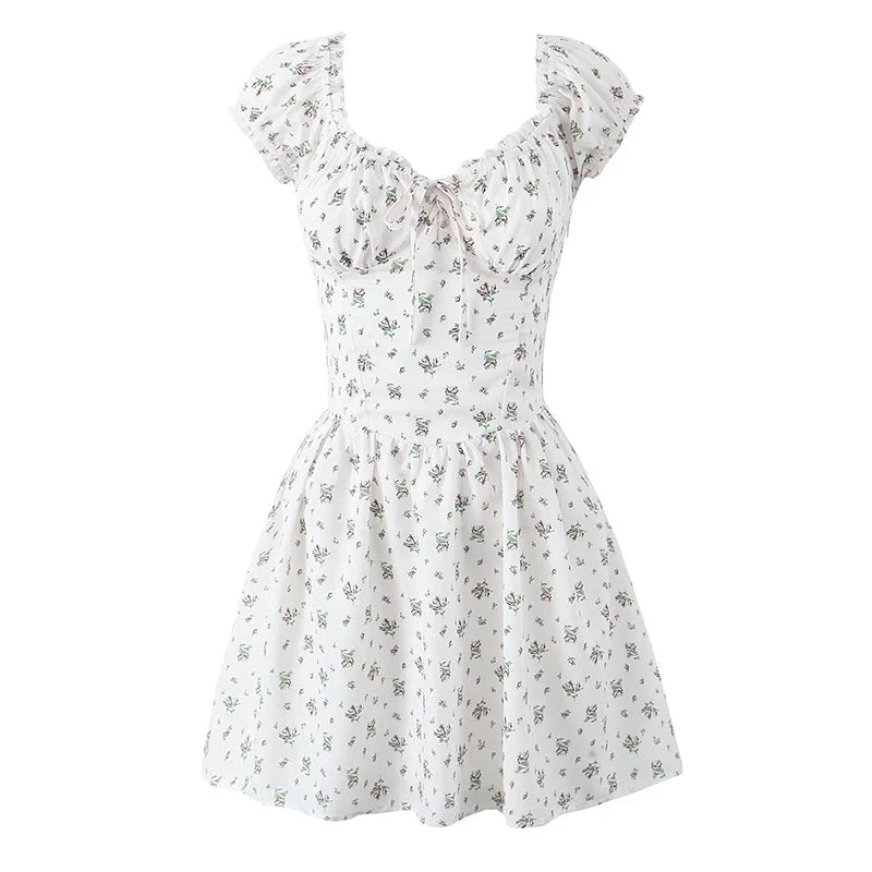 Aiertu  -  Holiday Summer Dresses 2025 Women French Style Floral Print Dress Vintage Short Sleeve V Neck A-line Mini Robe Sundress Aiertu