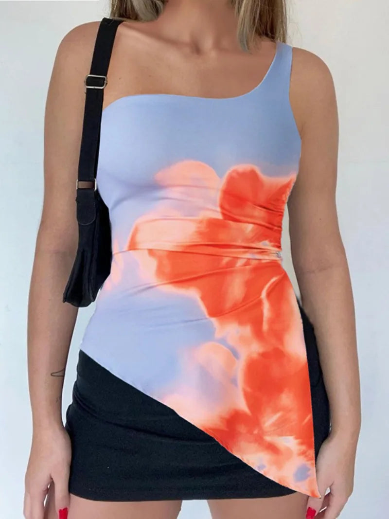 Aiertu  -  Woman Clothes Diagonal Collar Sleeveless T-shirt Y2K Streetwear Floral Print Irregular Tank Tops Female Backless Blue Camisoles Aiertu
