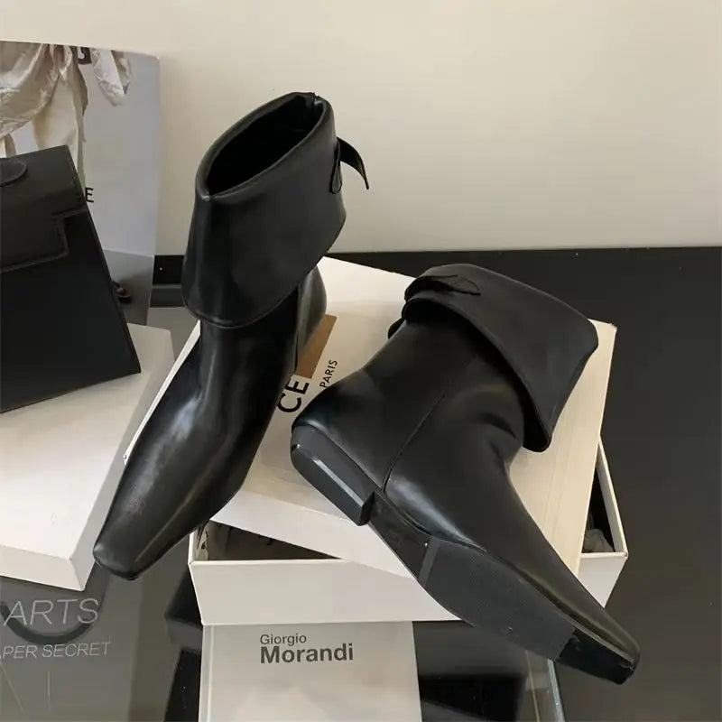 Black Ankle Boots For Woman Fall Short Shoes Casual Back Buckle Ladies Boots Low Heel Square Toe Designer Shoes Bottes Femme Aiertu