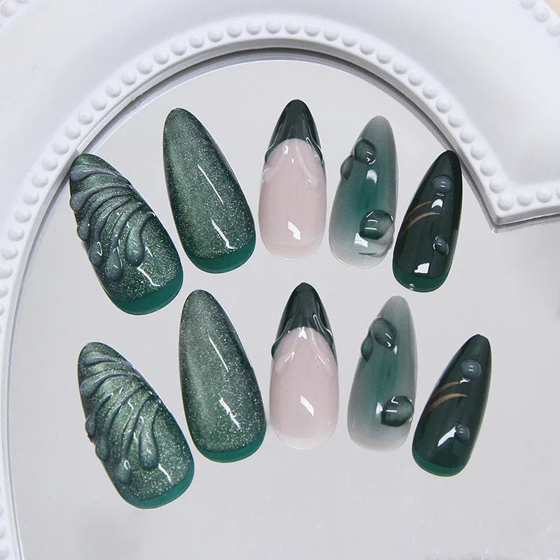 Aiertu  -  24PCS Green Cat Eye Press on Nails 3D Ripples with Stars Design French Fake Nails for Women Acrylic Patch Wearable Nail Tips Art Aiertu