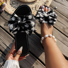Aiertu Women's Daisy Bowknot Slides, Fashionable Comfort Flat Sandals with Strappy Back, Summer Open Toe Slip-On Shoes with TPR Sole and Man-Made Materials Aiertu