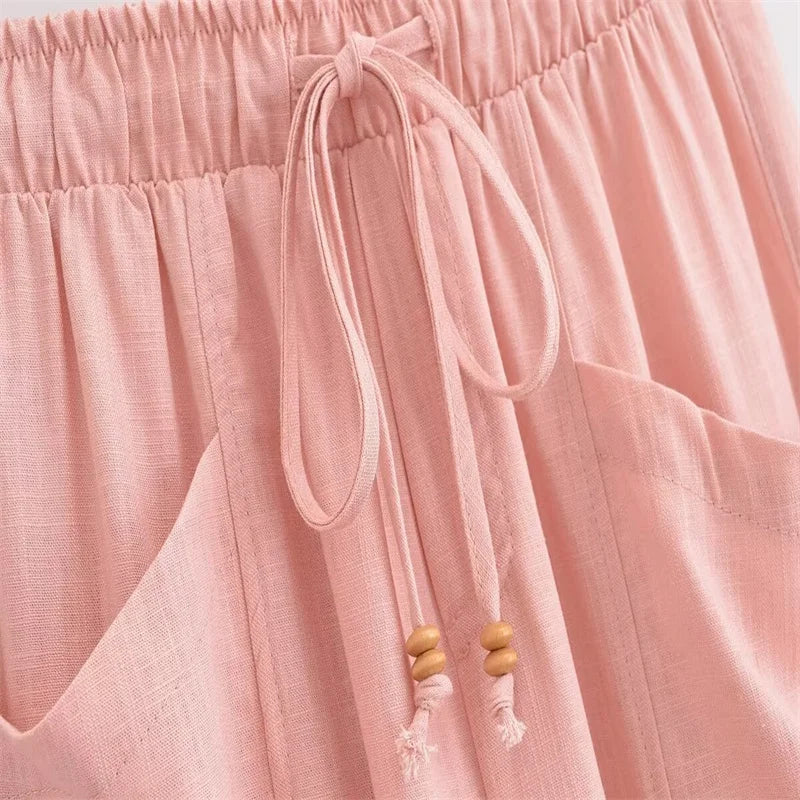 Aiertu  -  American hottie elastic high-waisted straight casual pants for women summer new linen blended bloomers Aiertu
