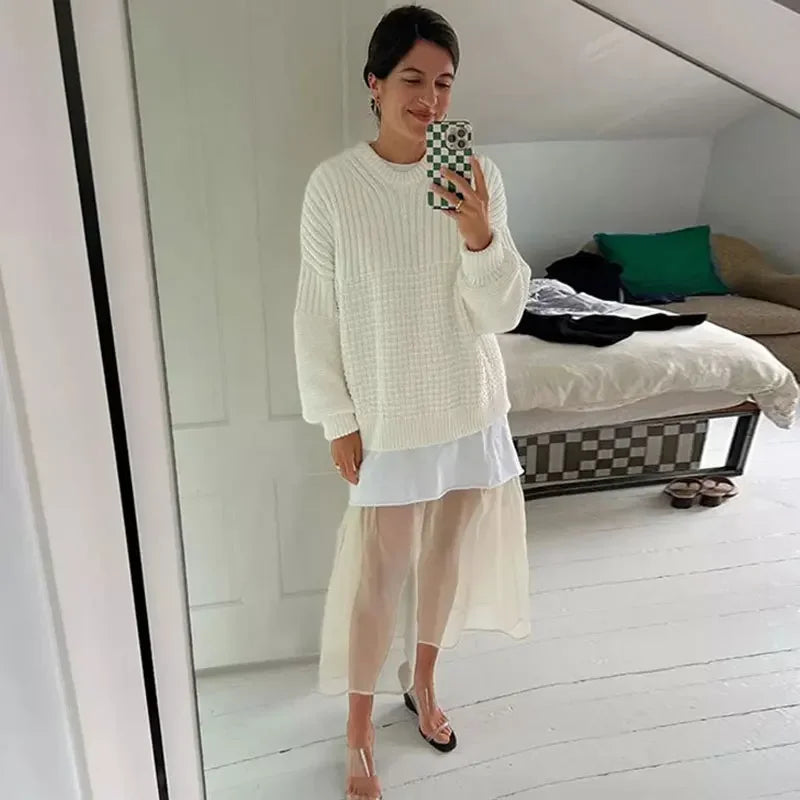 Aiertu  -  Solid Knitted Sweater Shorts Suit Women Casual Crochet O-neck Long Sleeve Pullover Short Pants 2026 Autumn New Lady Loose Outfit Aiertu