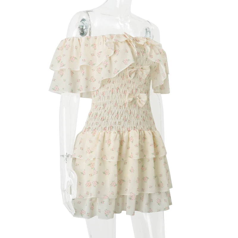 Aiertu  Off Shoulder Sexy Floral Print Mesh Bow Fashion A-line Bodycon Pleated Mini Dress Summer New Sweet Cute Party Vestidos Aiertu