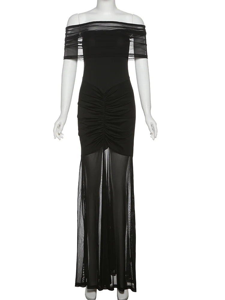 Aiertu  -  Summer Trend Maxi Dress Women Double Deck Ruched Slash Neck Short Sleeve Midnight Simple Solid Stretch Slim Vestidos Aiertu