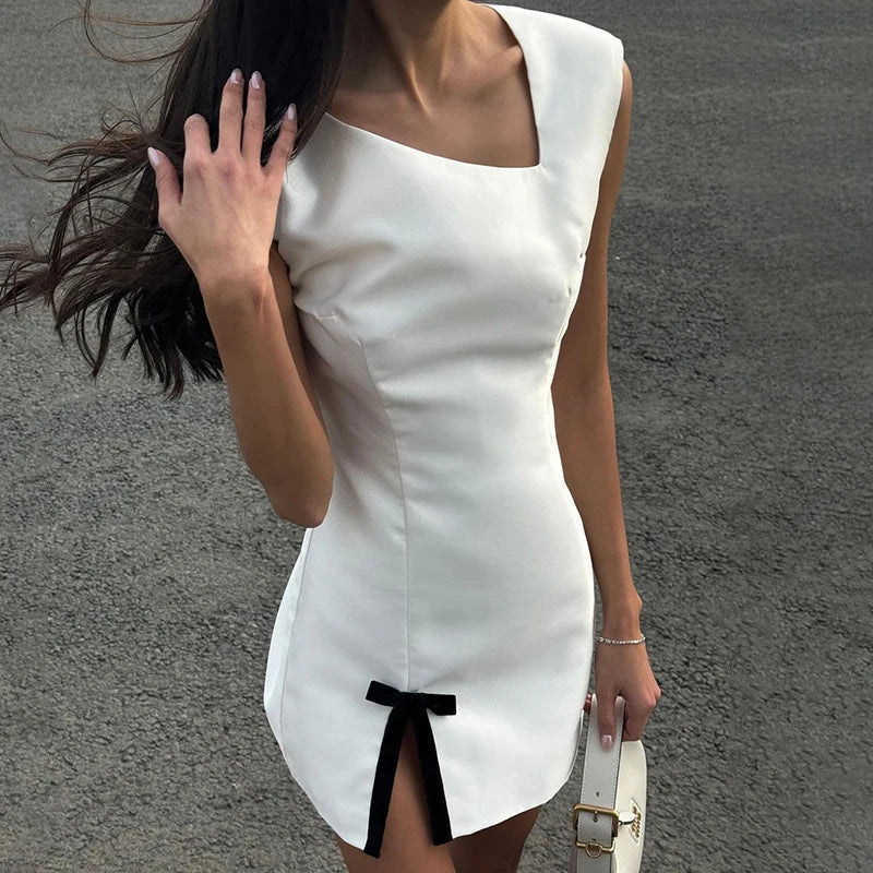 Aiertu  -  New Satin Tank Dress For Women Skew Collar Fashion Bow Split Elegant Evening Party Short Dress Sleeveless Bodycon Outfits Aiertu