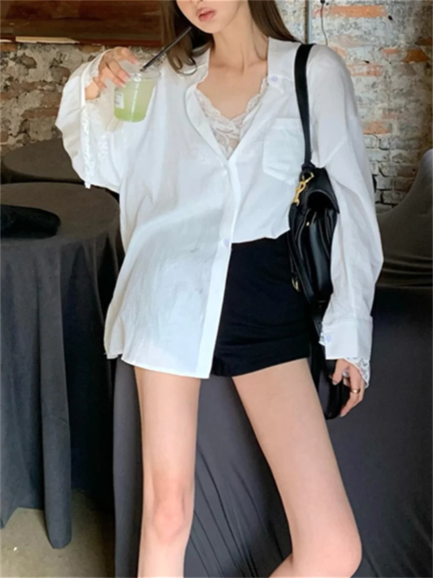 Aiertu  -  Fashion New Solid White Shirts With Lace Bottoming Tees Summer Women Gentle New 2026 Office Lady Daily Loose Mujer Slim Aiertu