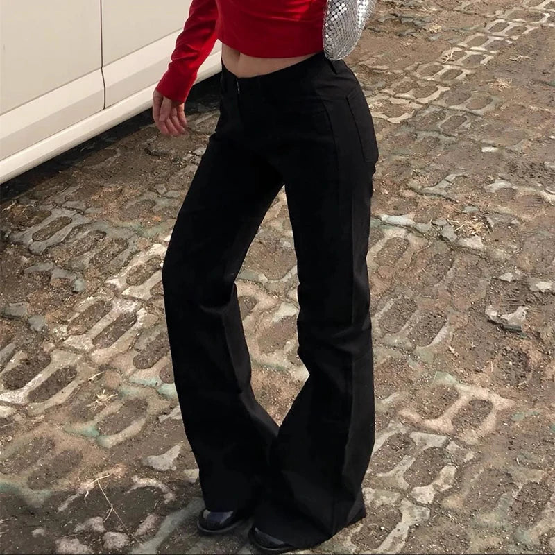 Aiertu  -  Y2K Low Waist Flare Jeans High Street Fashion Women Black Denim Trousers Vintage Slim Fit Zipper Front Pants Spring Aiertu