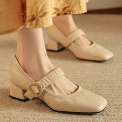 Aiertu  -  Big size 34-41 women's soft sheepskin square toe slip-on Mary Jane pumps 4cm thick low heel OL style female slim heeled shoes Aiertu