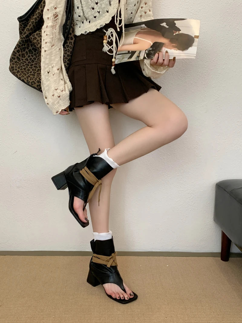 Aiertu    -  Woman Chunky Heels Summer Boots Fashion Thong High-toe Shoes Lace Up High Heels Ladies Sandals 2025 Trends Aiertu