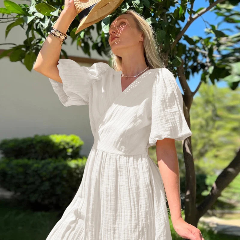 Aiertu  -   Gauze Long Dress For Women Sexy V-Neck Sweet Puff Sleeve Bandage Chic Elegant Party Beach Sundress Aiertu