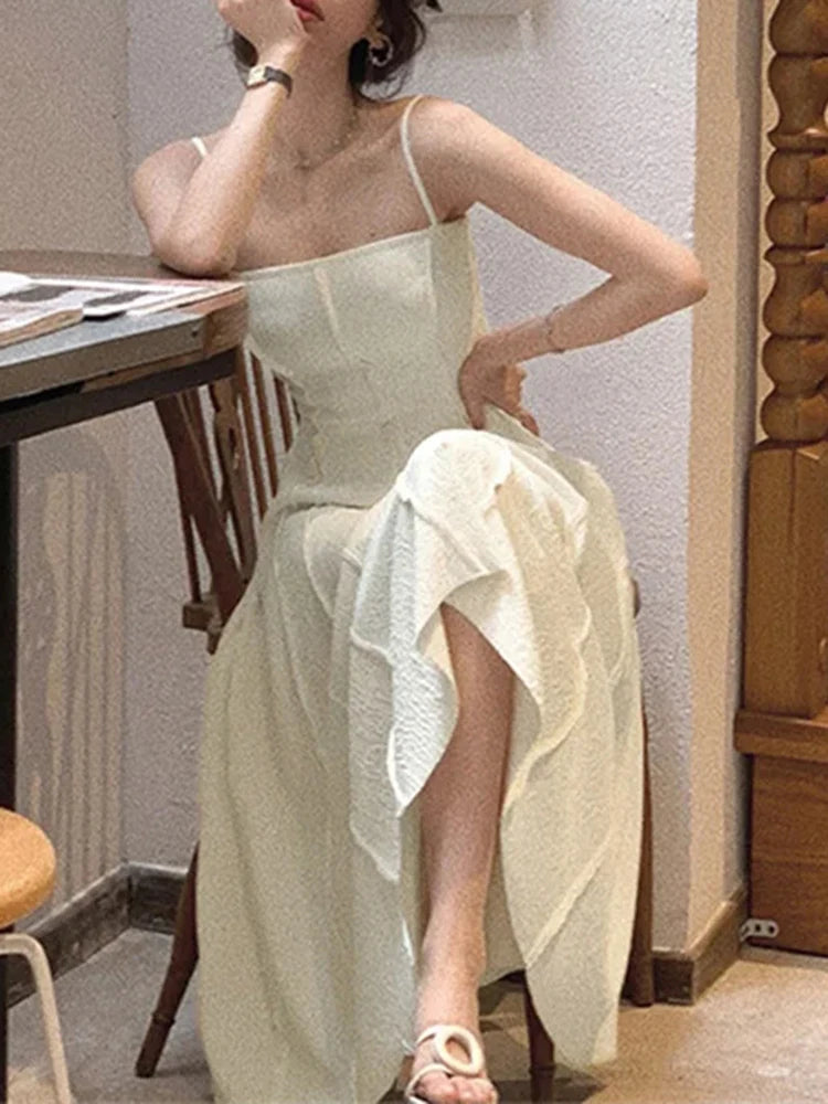 Aiertu  -  Vintage White Spaghetti Strap Casual Chiffon Midi Dress Summer Sleeveless Elegant Party Vestidos Fashion Robe Clothes for Women Aiertu