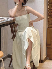 Aiertu  -  Vintage White Spaghetti Strap Casual Chiffon Midi Dress Summer Sleeveless Elegant Party Vestidos Fashion Robe Clothes for Women Aiertu