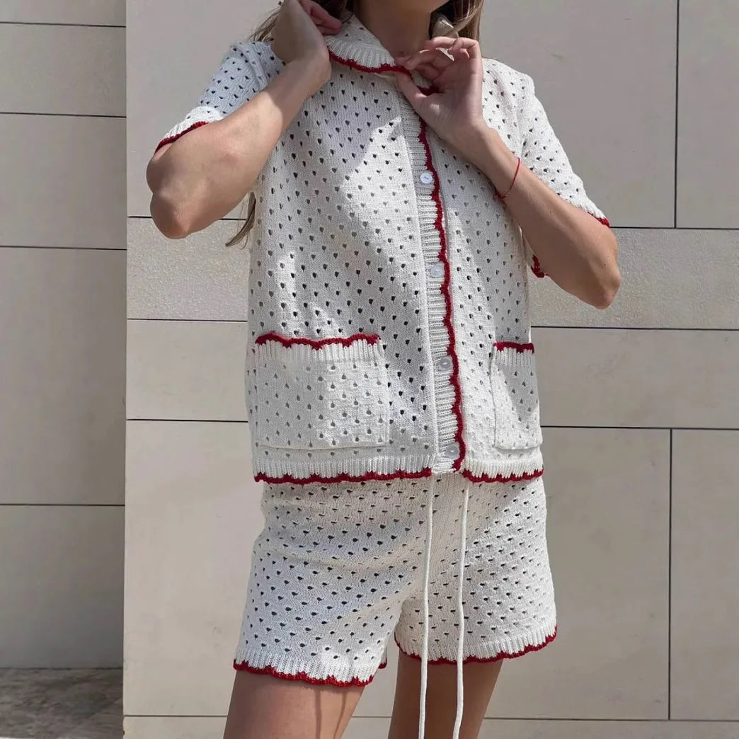 Aiertu  -  Knitted Shorts Set Fashion Casual Clashing Cardigan Top Lace Up Shorts Set Women  Vacation Sports Knitted Shorts Set Aiertu