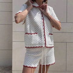 Aiertu  -  Knitted Shorts Set Fashion Casual Clashing Cardigan Top Lace Up Shorts Set Women  Vacation Sports Knitted Shorts Set Aiertu